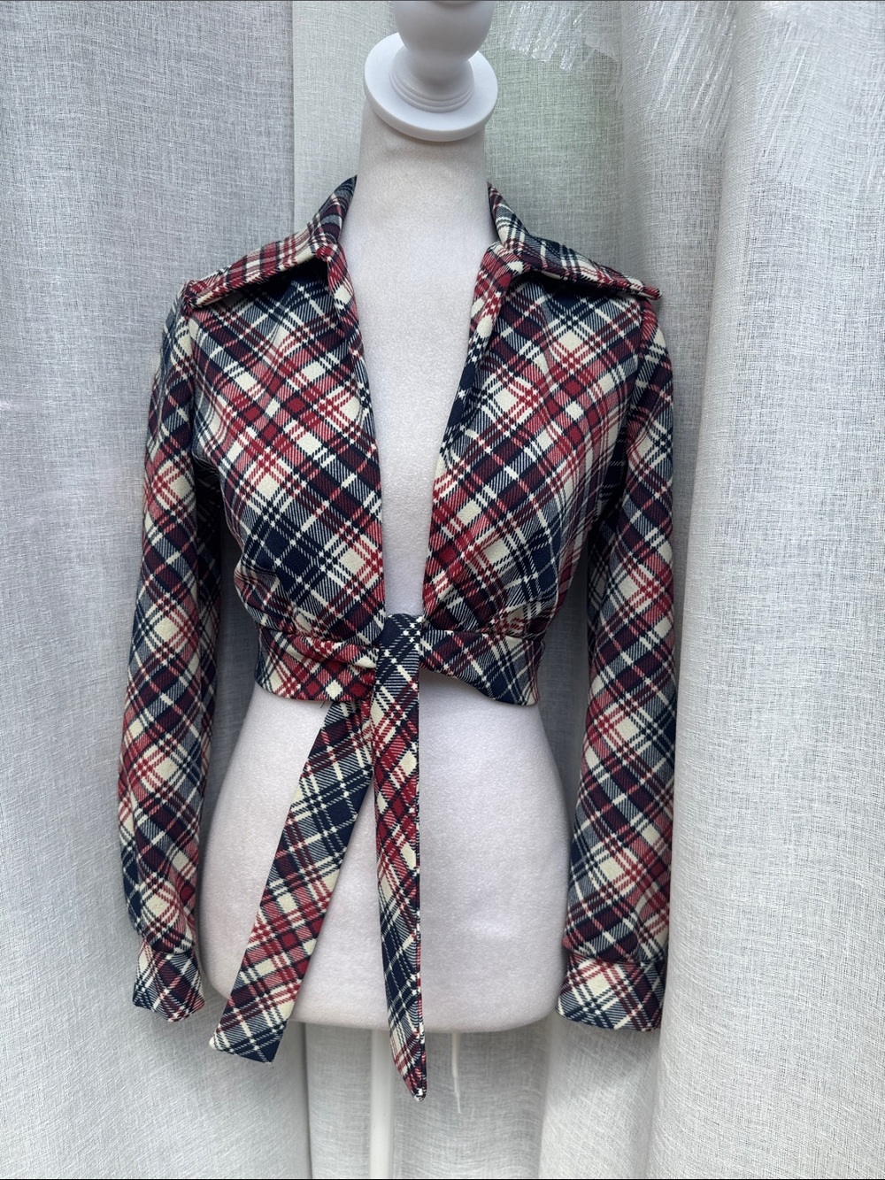 1960 Act 1 plaid waist tie blue red white blouse top